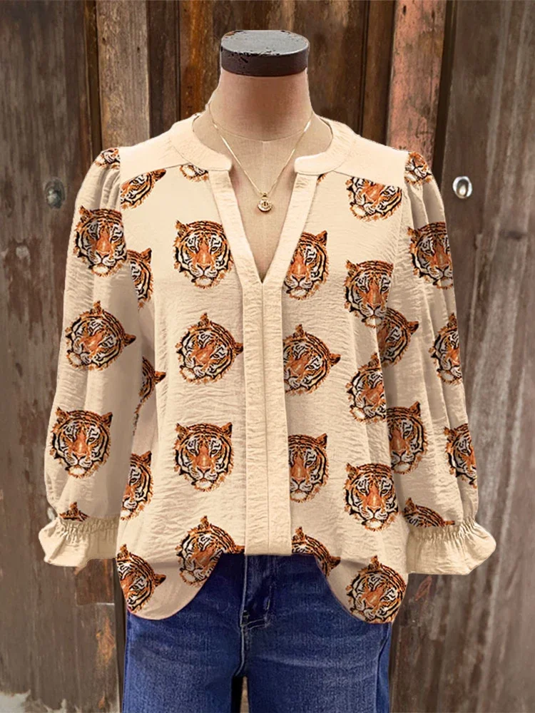 Tiger & Leopard Panel Print Button Front Shirt Casual Long Sleeve Blouse For Spring & Fall, Women\'s Panel Puff Sleeve Top