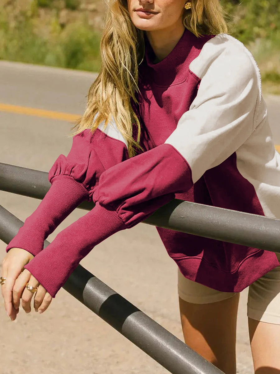 

Women Mock Neck Sweatshirts Fashion Patchwork Contrast Color Lantern Sleeve Loose Pullover Basic Tops Fall Casual Streetwear