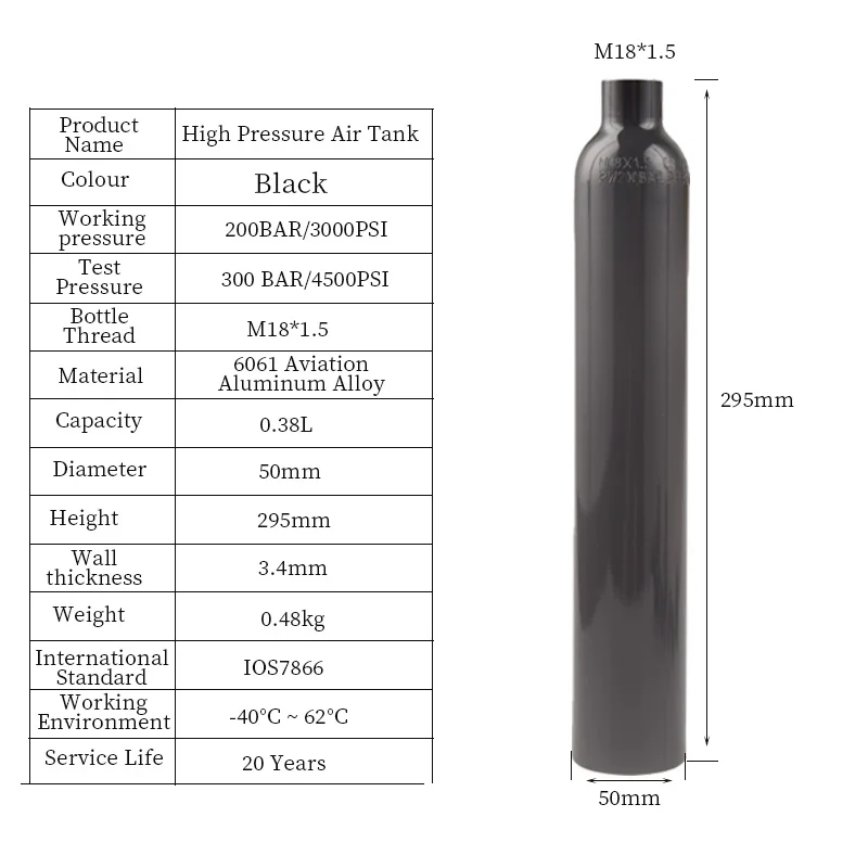 Imagem -03 - Hpa Alumínio Gás Cylinde para Mergulho Aquário Estação do Tanque de ar Garrafa Pneumática Co2 Mergulho Autônomo 0.38l 380cc 200bar 3000psi