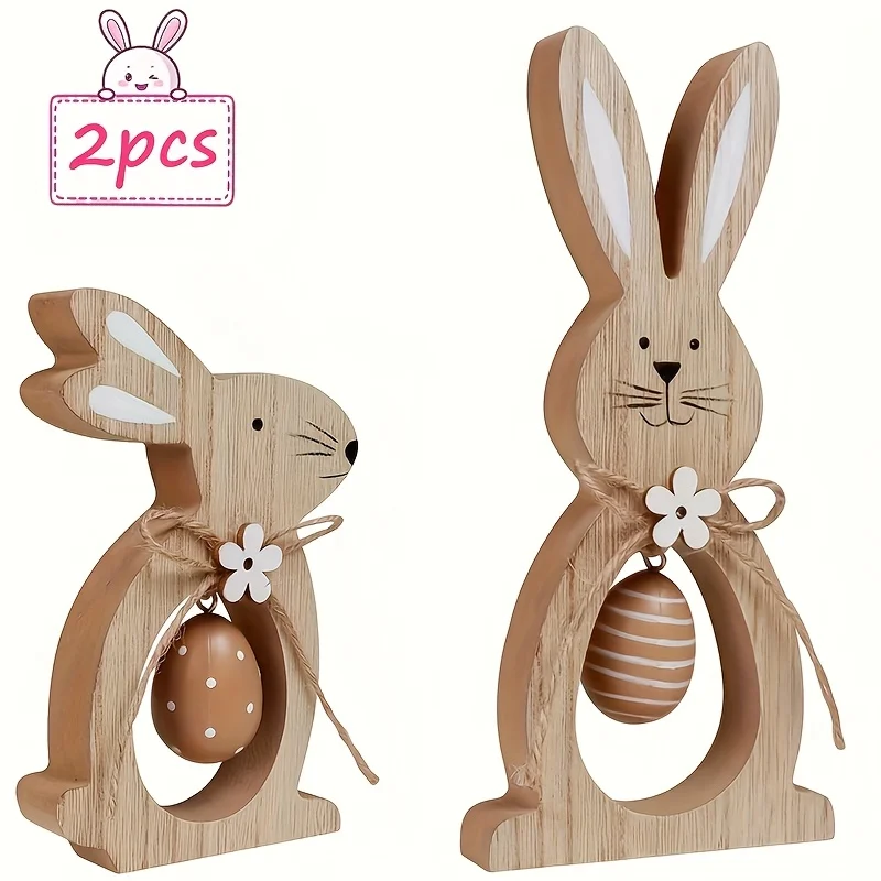 Two rabbit figurines, Easter eggs and flower elements party table center decoration, Easter gift, home decoration
