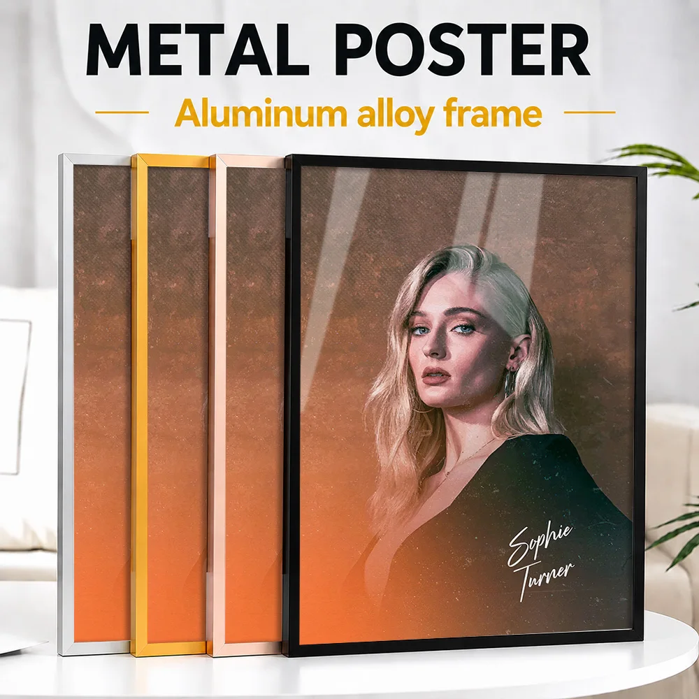 Sophie Turner Portrait Framed Aluminum Metal Poster Personalized Photographic Wall Art For Film Screening Room, Cinema Fan Gift