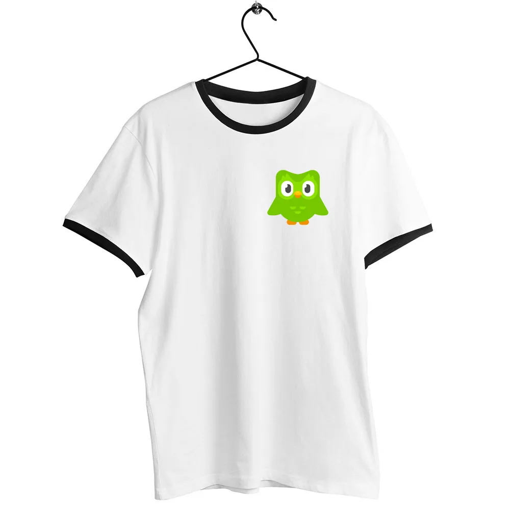 للجنسين الرجال النساء الأسود تقليم تي شيرت Duolingo البومة الموت الطيور الثنائي تحية العمل الفني المحملة #1