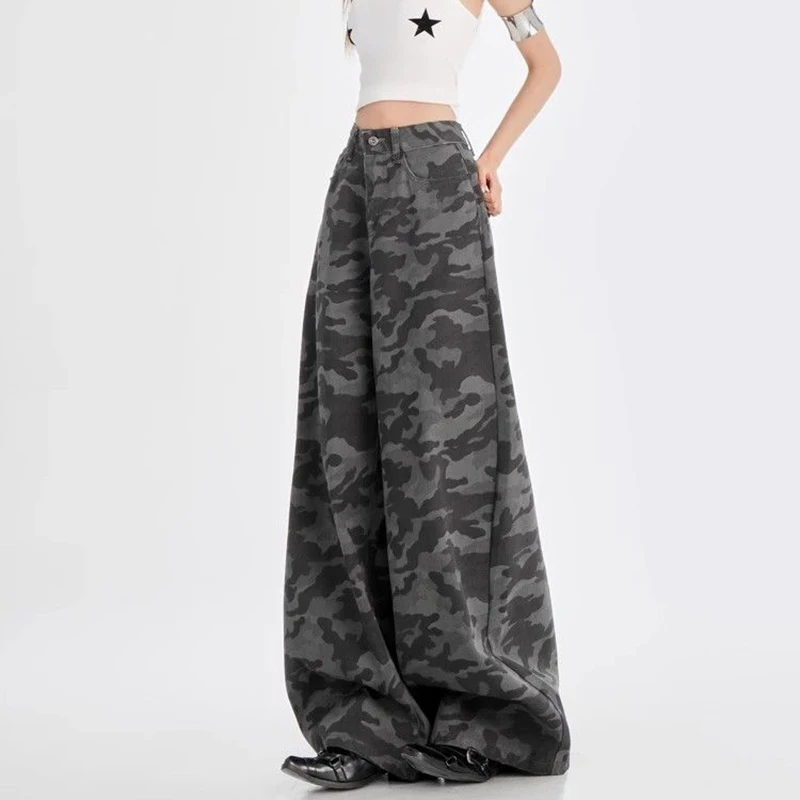 Nova alta rua senhora calças de cintura alta feminino retro camuflagem calças largas perna meninas chique designer calças largas