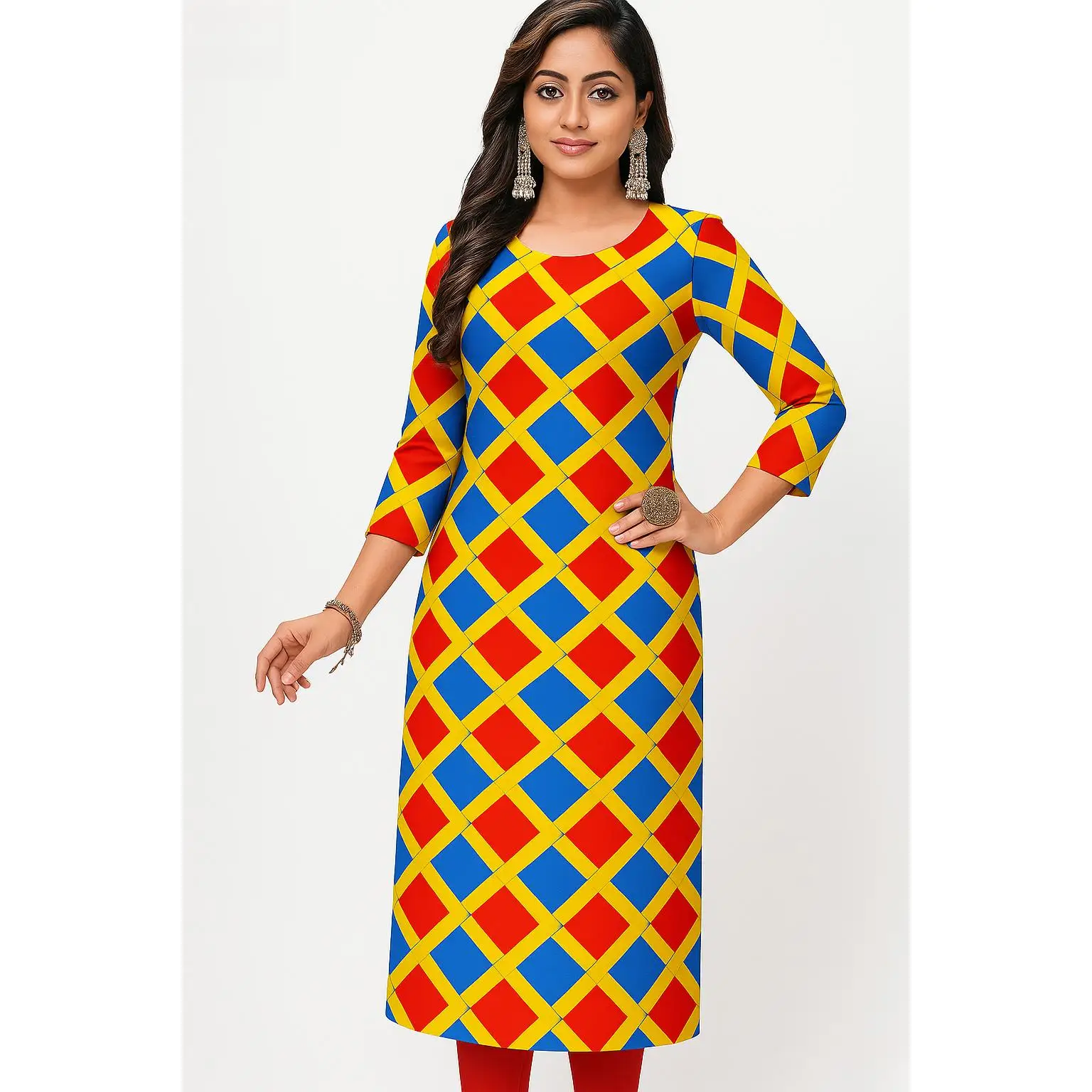 Dress kurt women's fashionable long sleeved straight tube casual round neck with bright patterns