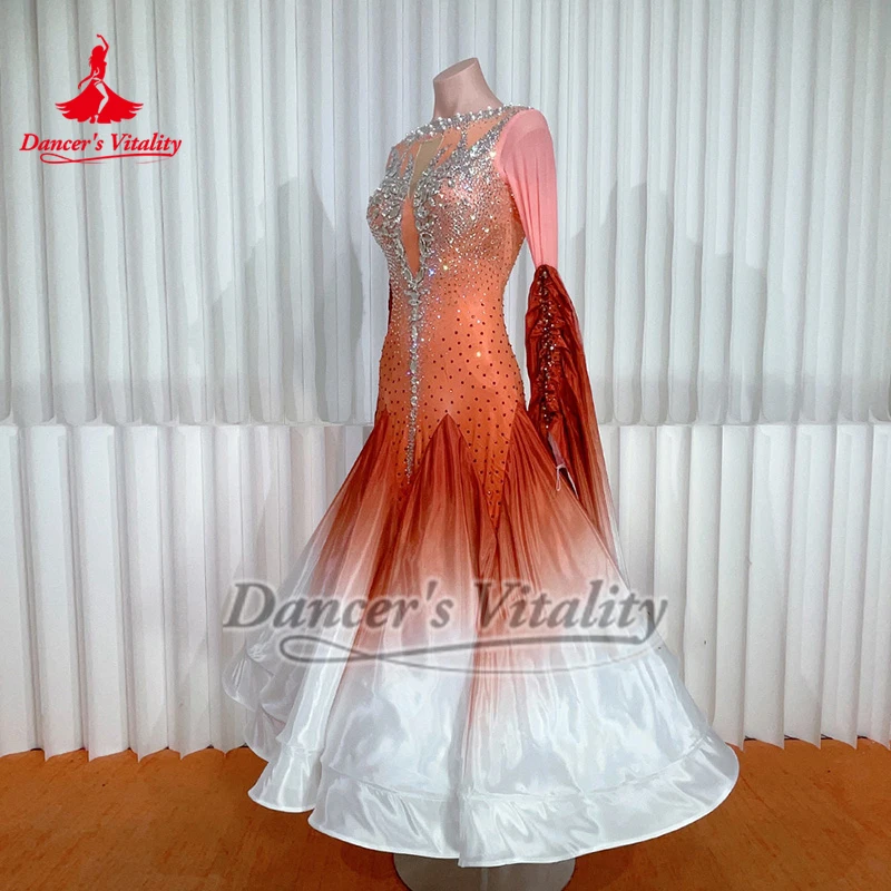 Gradiëntkleuren Ballroom Dans Parel Zijde Aangepaste Grote Schommel Jurken Volwassen Vrouwen Tango Foxtrot Professionele Competitie Kleden