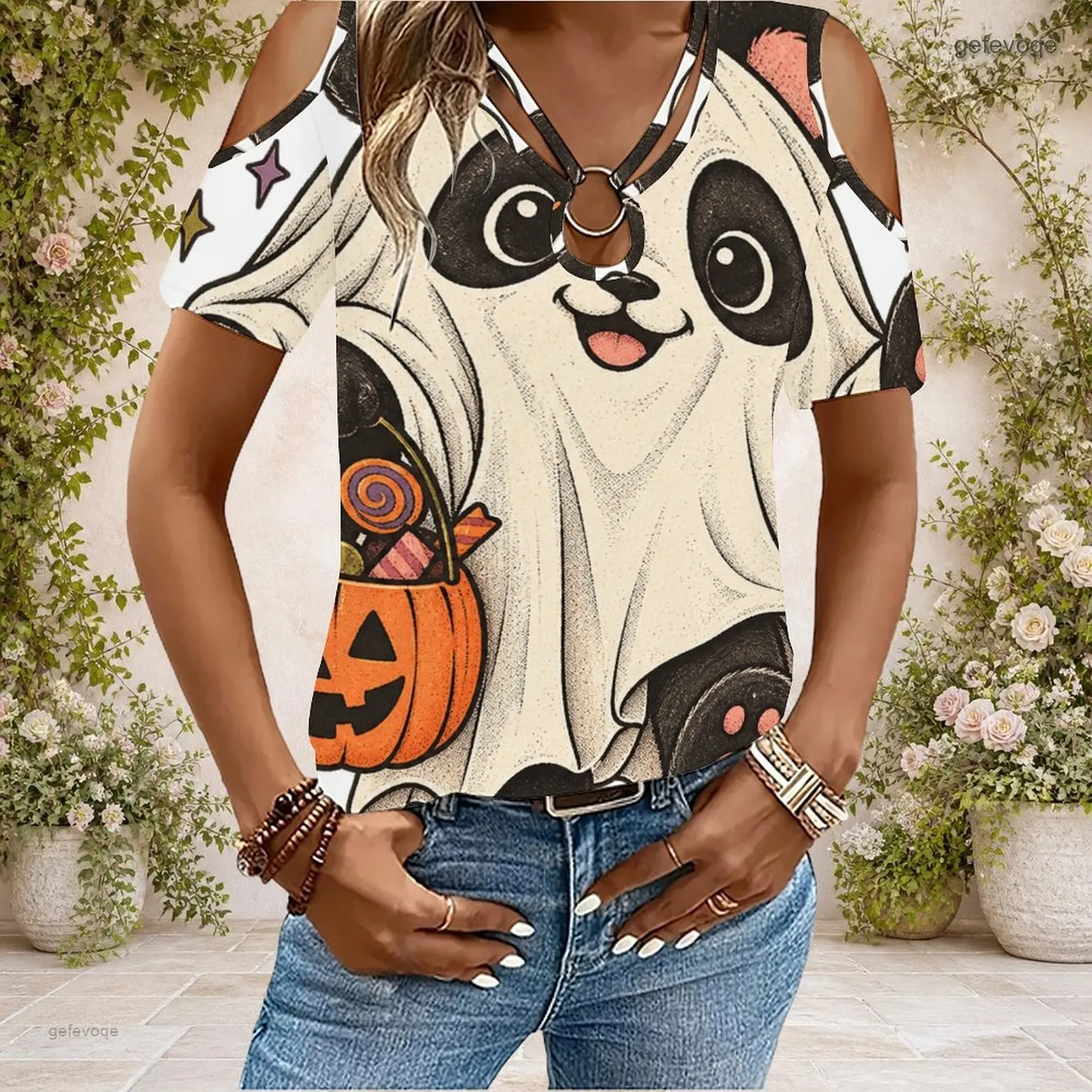 Women Cold Shoulder Short Sleeve T Shirt V Neck O Ring Keyhole Cutout Loose Casual Top Custom Print Ladies Daily Blouse