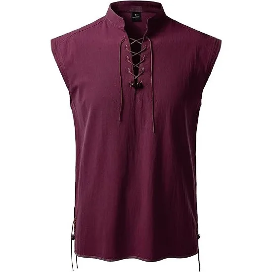 قميص رجالي محسّن قميص هينلي بدون أكمام قميص هيبي كاجوال للشاطئ بياقة واقفة