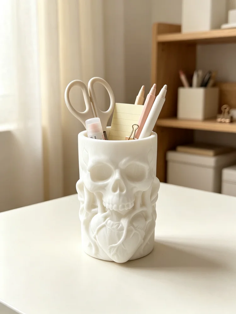 Cool Desktop Skull Heart Embossed Pen Holder, Gothic Dark Aesthetic Skeleton-Shaped Pencil Cup, Matte White Petg Material, Sturdy and Smooth Surface, Desktop Storage Organizer, Stationery Storage Rack, Desktop Storage Supplies, Desk and Study Room Countertop Organizer, Can Hold Fountain Pens, Pencils, Markers, Scissors, Small Stationery Items, Spooky Room Desktop Decoration, Halloween Novelty and Unique Office Gift Item