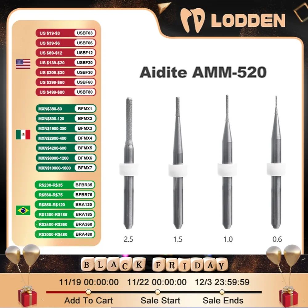 Dental Milling Burs for Aidite AMM-520 For Grinding LIthium Disilicate CAD CAM Lab Materials D4-50-0.6/1.0/1.5/2.5mm