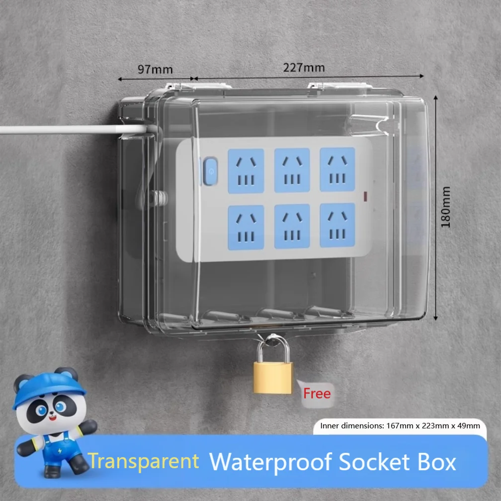 

Secure lockable outdoor extension cord box waterproof design six output holes roomy 167mm 223mm 49mm sticky mount or screw fix