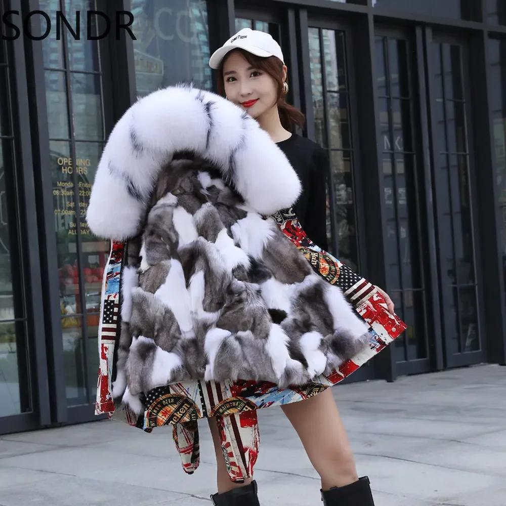 Womens Real Fox Fur Hooded Parkas Printed Pattern Match Colors Coats Peacoats Detachable Fleece Liner Thick Warm Winter Oversize