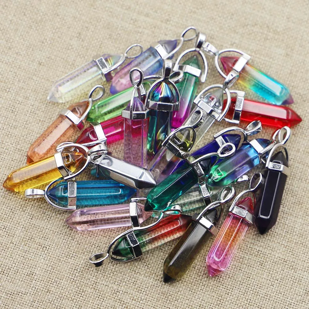 Quality Natural Agate Glass Multicolor Point Pillar Necklace Pendant Fashion Bracelet Jewelry Making Accessories Wholesale 30Pcs