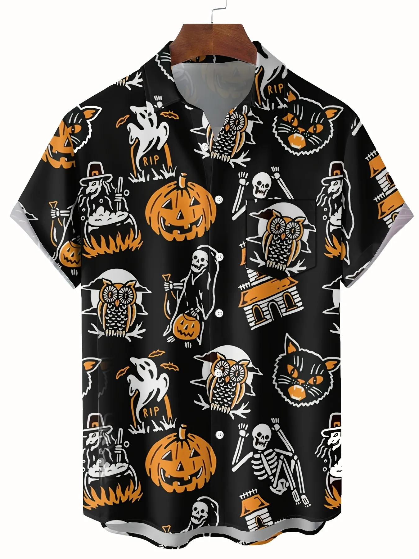 Unisex Loose Button Down Shirt Vintage Halloween Ghost Witch Pumpkin Graphic Print Camp Collar Short Sleeve Leisure Tops