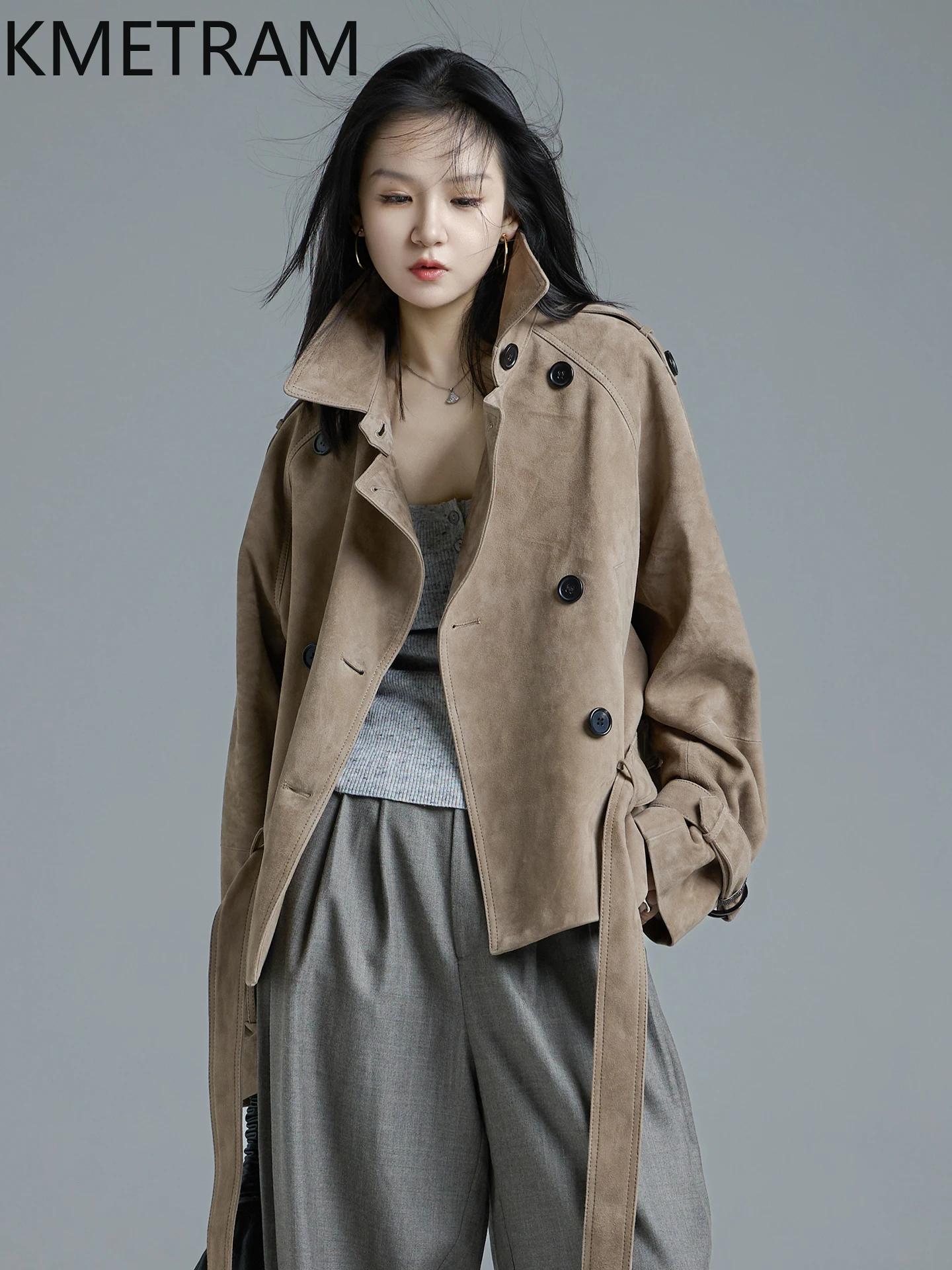 KMETRAM جلد الغنم الطبيعي عكس الجلد المدبوغ خندق معطف قصير موضة المرأة سترة جلدية حقيقية 2025 الخريف معاطف سترات نسائية