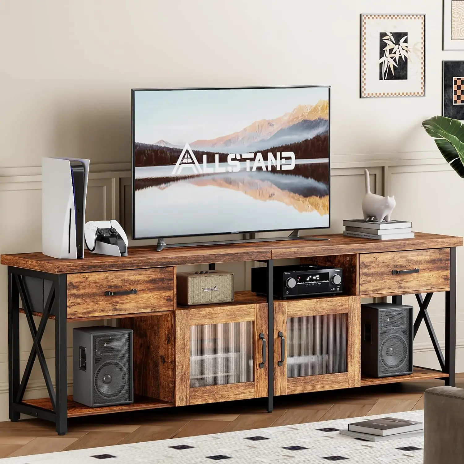 Farmhouse TV Stand with Drawers Cabinets Soundbar Shelf for Living Room Bedroom Fits 75 80 Inch TV, Customized