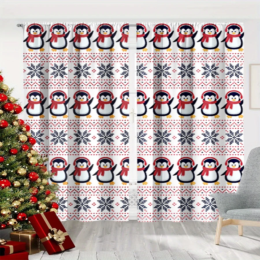 2PCS Christmas Winter Curtains, Knit Penguin Earflap Snowflake Fair Isle White, Digital Print, Bedroom Living Room, Home Decor