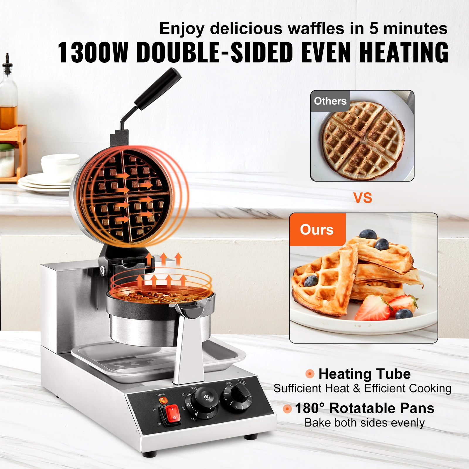 VEVOR Electric Waffle Maker Round Waffle Iron Non-Stick Waffle Baker Machine Teflon-Coated Baking Pans Stainless Steel Gaufriers