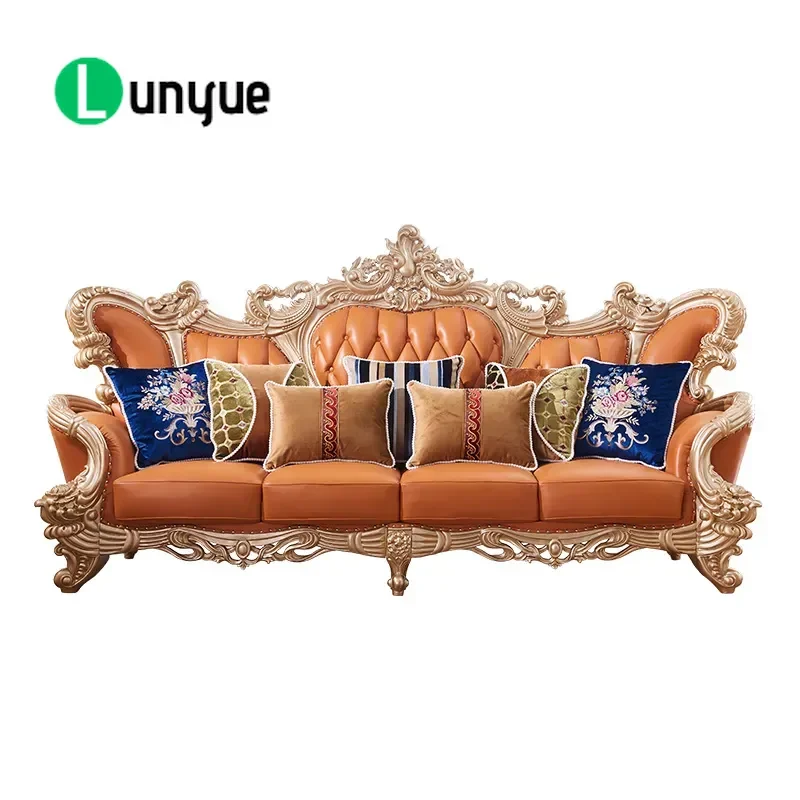 Large American Carved Solid Wood Sofa with First Layer Cowhide Leather Fashionable Furniture for Villa Hotel Leisure Club