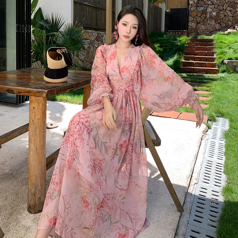 Spring Autumn Floral Deep V-Neck Maxi Chiffon Dress 2023 French Fashion Vacation Luxury Dress Women Elegant Party Night Dress