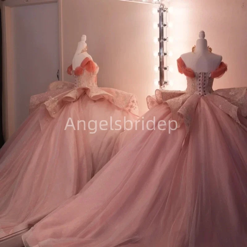 Angelsbride Pink Ball Gown Quinceanera Dresses Appliques Beading Lace Princess Celebrity Sweet 16 Corset Vestidos De 15 Años