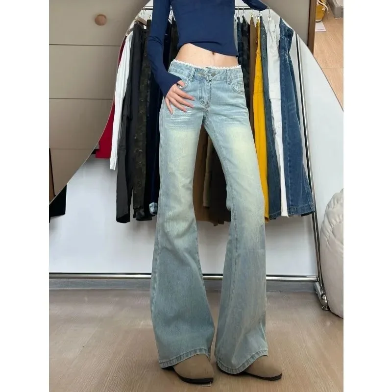 Women's Low Waist Lace Trim Vintage Light Blue Flare Jeans 2026 Autumn New Slimming Floor Length Denim Trousers