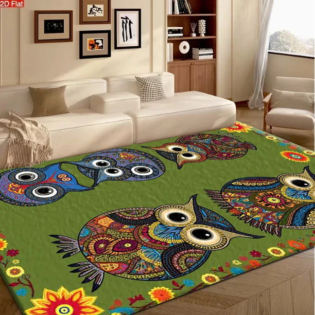 Boho Colorful Owl Folk Art Carpet Flooring, Green Floral Border Non-Slip Area Rug for Kids Bedroom Living Room Home Decor