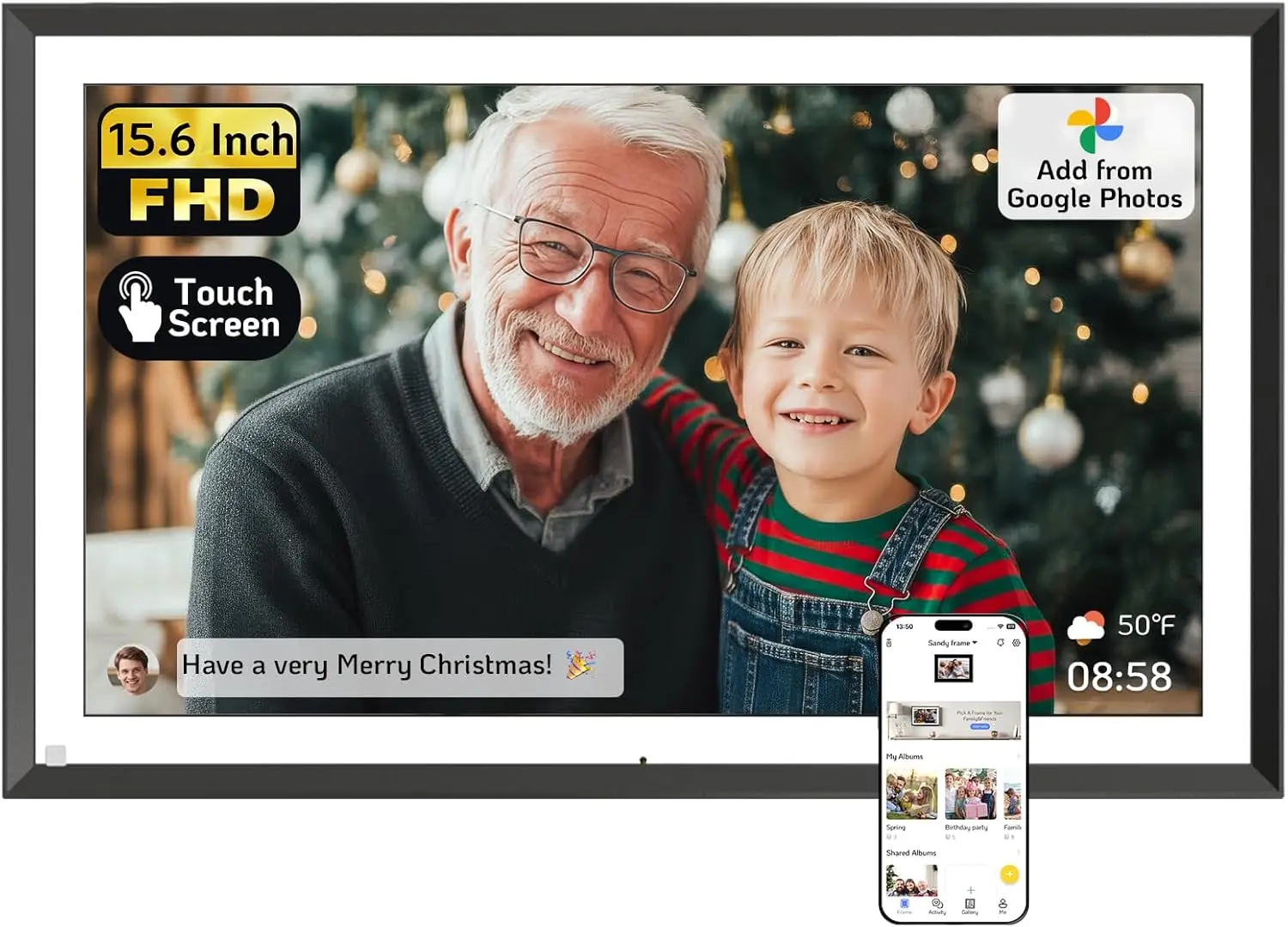 

15.6' Touchscreen Digital Photo Frame 64GB, FHD IPS WiFi, Google Photos & App Sharing, Black