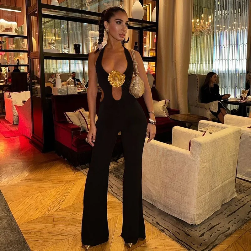 بدلة نسائية فردية سوداء مثيرة مجوفة معلقة على الرقبة بدون أكمام متوسطة التمدد مناسبة للخياطة ثلاثية الأبعاد على شكل زهور مستقيمة الساق #3