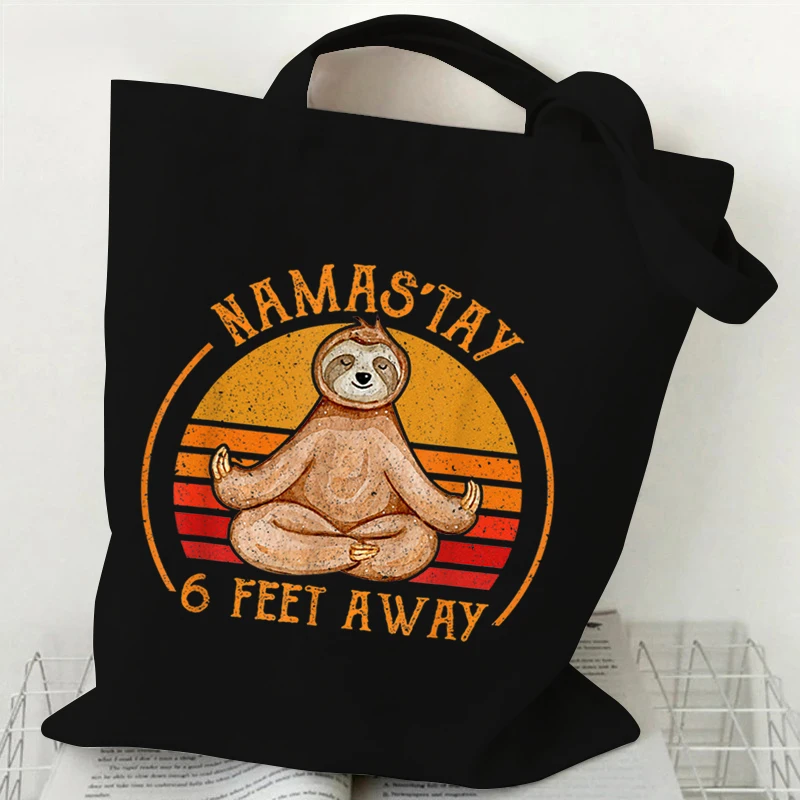 Women Tote Bags Yoga Cat PAWS & MEDITATE Print Canvas Shopping Bag Yoga Lover Design Canvas Shopping Bag Folding Women Handbags