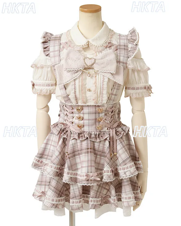 

Liz Suspender Skirt 2026 Spring New Fashion Plaid Skirts Sweet Japanese Style Girls Heart Buttons Pleated Short Skirt for Women