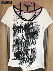 Japanese Punk Gothic T-shirts Women Short Sleeve Letter Print Streetwear Tops Hollow Out Grunge Casual Loose Tees Camisetas