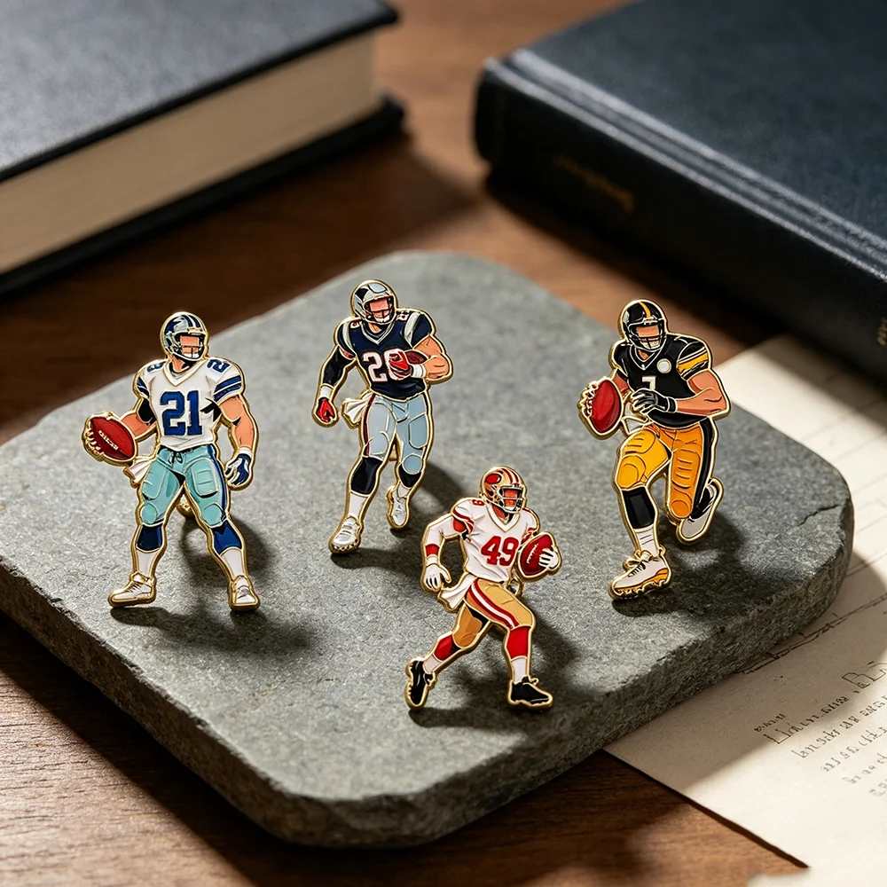 4Pcs Cool American Football Player Enamel Pins, Sports Character Lapel Brooches for Jackets Backpacks, Collectible Fan Gifts