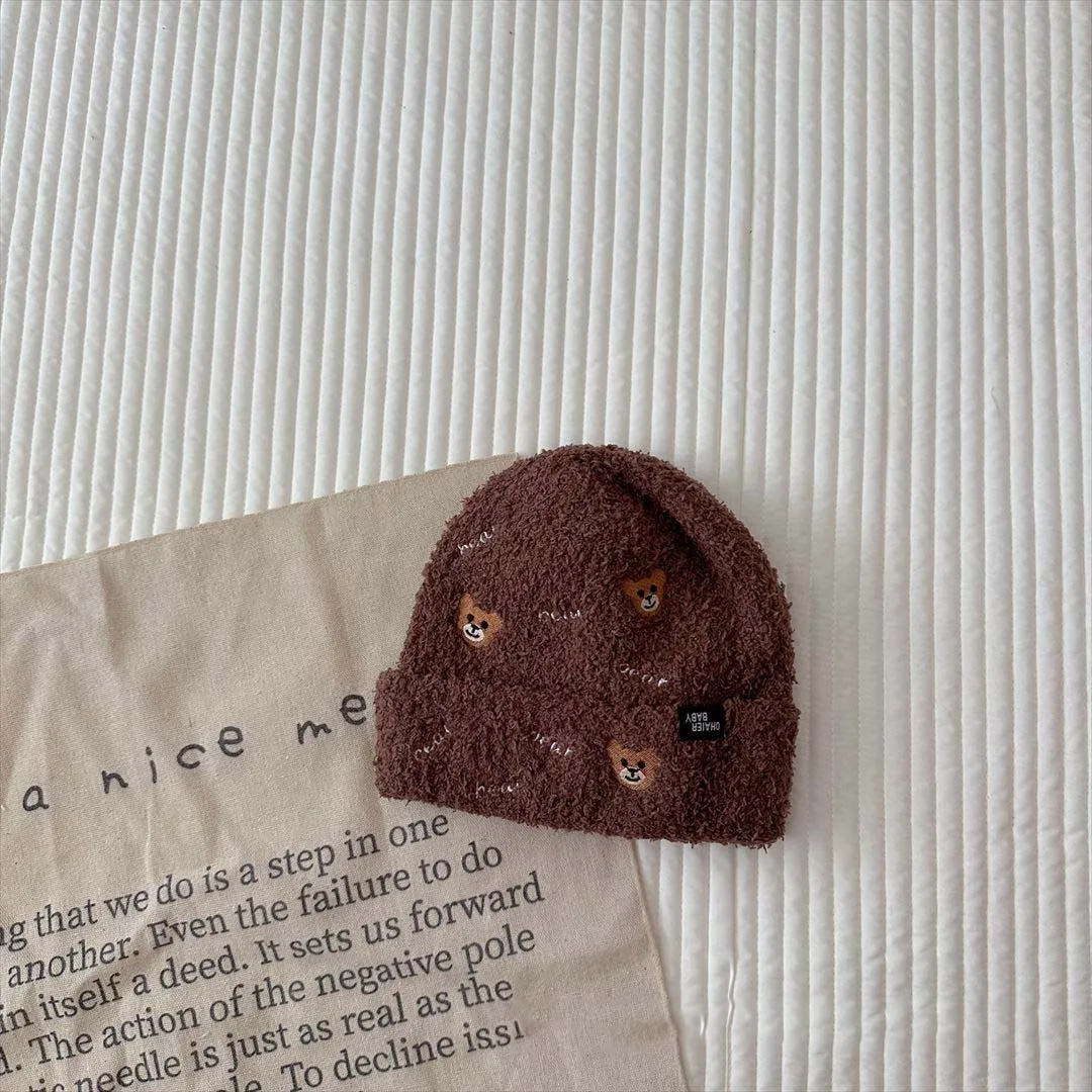 Embroidered Bear Baby Hat 2023 Autumn Winter Plush Kids Beanie Warm Hat Korean Baby Ear Protection Caps