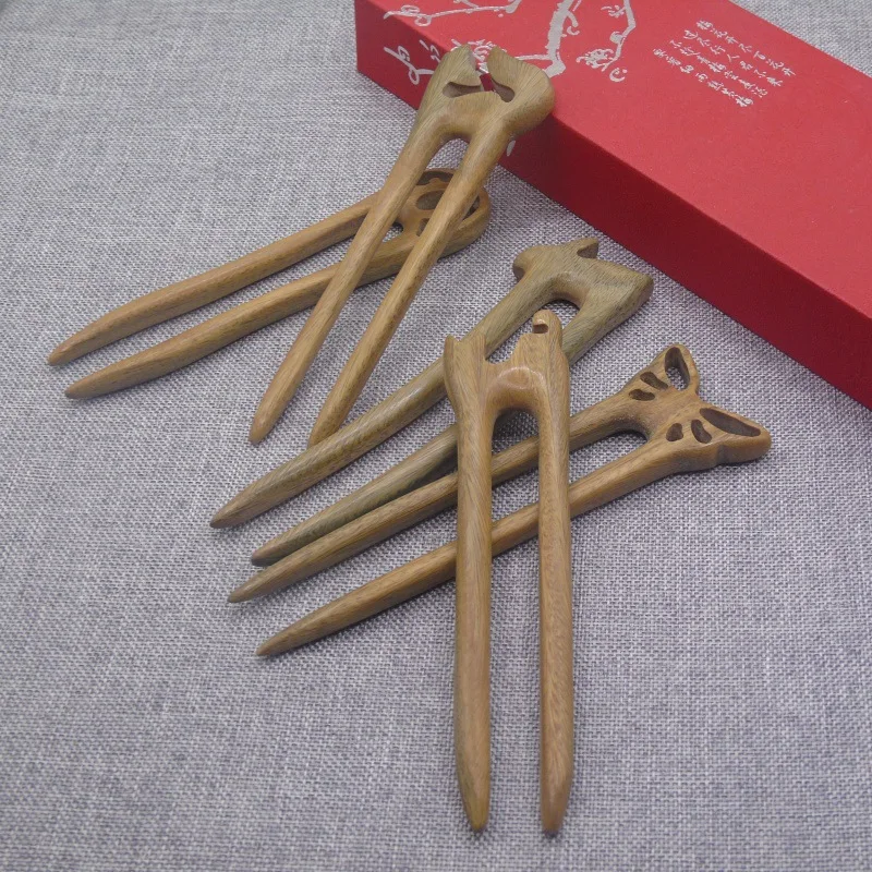 Chinese Style Lucky Blessing Green Sandalwood U Shaped Hairpins Carved Fox Butterfly Rabbit Cat Hair Sticks For Women Hair Bun