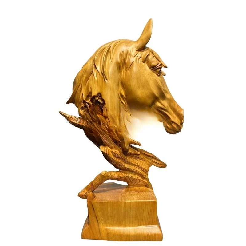 Wood carving horse head ornament solid wood root carving twelve zodiac horse creativity
