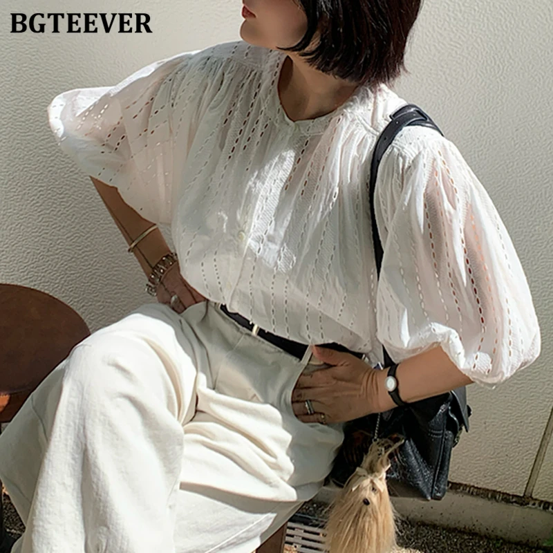 Bgteever elegante solto único breasted feminino oco para fora camisas brancas verão casual o-pescoço meia manga senhoras blusas topos