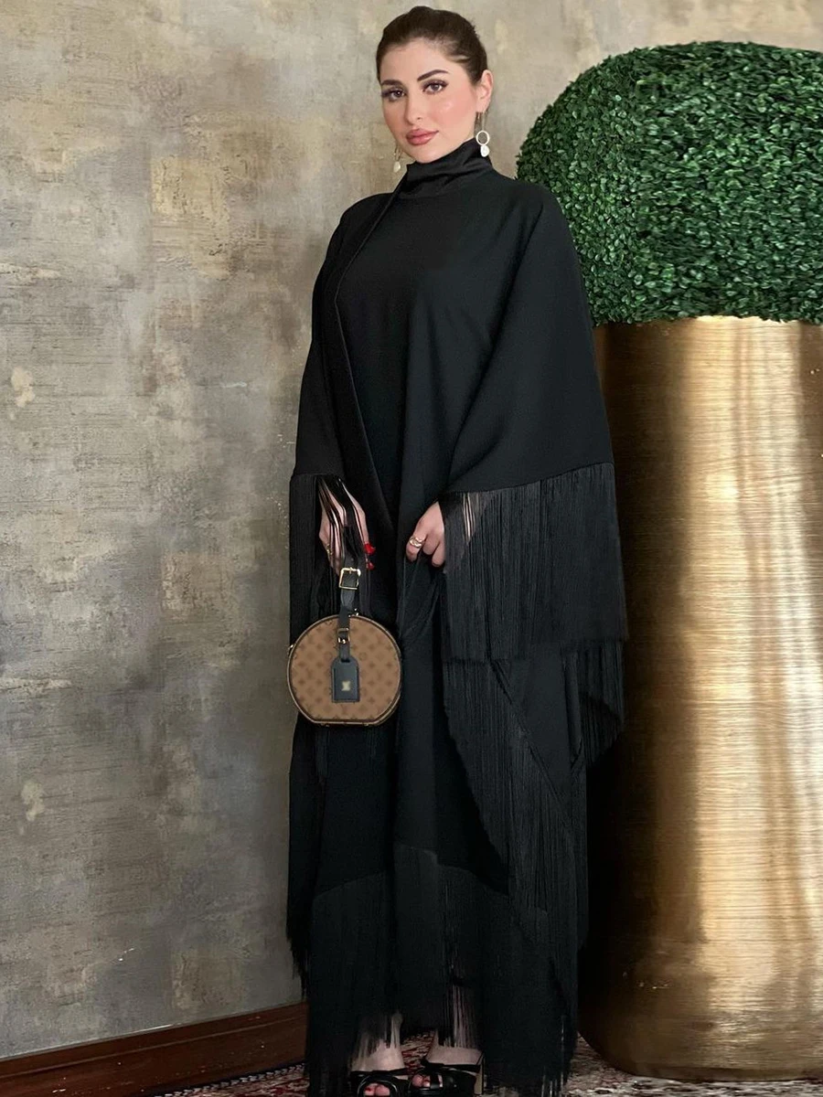 Modest Muslim Batwing Sleeve Tassel Kaftan Light Apricot Corban Eid Al Adha Party Evening Dresses Moroccan Turkey Dubai Abaya