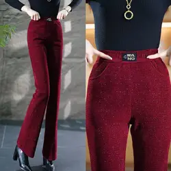 Fashion Autumn Winter New Corduroy Flare Pants Women Solid Pockets Elastic High Waist Plus Velvet Thicken Slim Straight Trousers