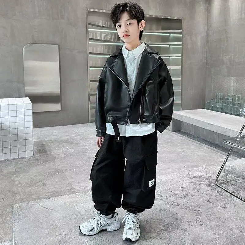 

110-170cm Teenage Boys' Leather Jacket Spring and Autumn 2026 New Style Children's Casual P U Coat Fashion Kids Top