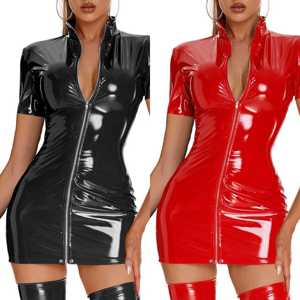 Schlankes, glänzendes Wetlook-Kunstleder-Bodycon-Kleid mit Reißverschluss für Damen, kurze Ärmel und erhältlich in Schwarz oder Rot, Größen M 3XL