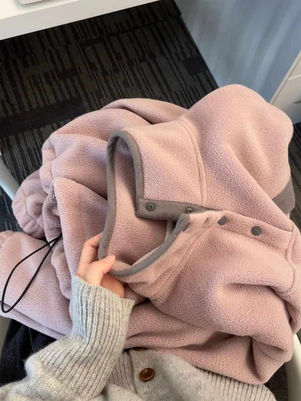 Ultra-White Pink Fleece Stand-Collar Sweatshirt Women's Warm Outerwear Autumn Korean Style Loose Fit Long Sleeve  Color