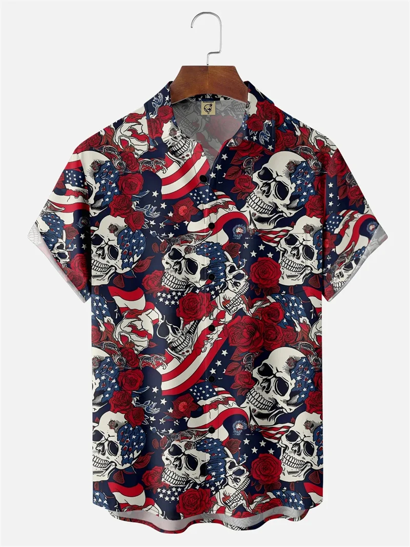 New Skull 3D Printed Christmas America Flag Shirt For Men Clothes Terror Skull Graphic Shirts Hawaiian Beach Shirt Short Sleeved