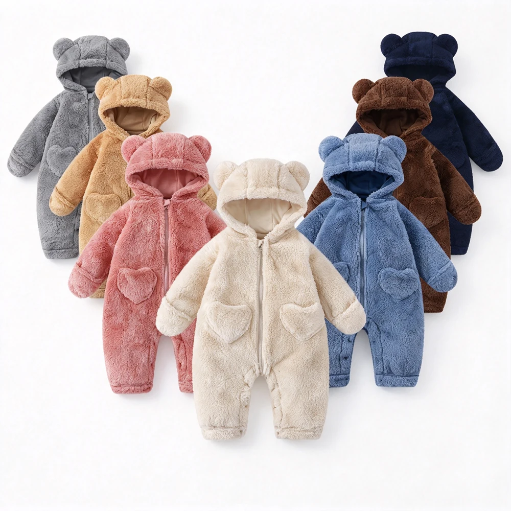 Newborn Baby Bear Hood Romper Warm Fleece Jumpsuit Heart Pocket Anti-scratch Mitten Cuff Infant Boy Girl Zipper One Piece Outfit