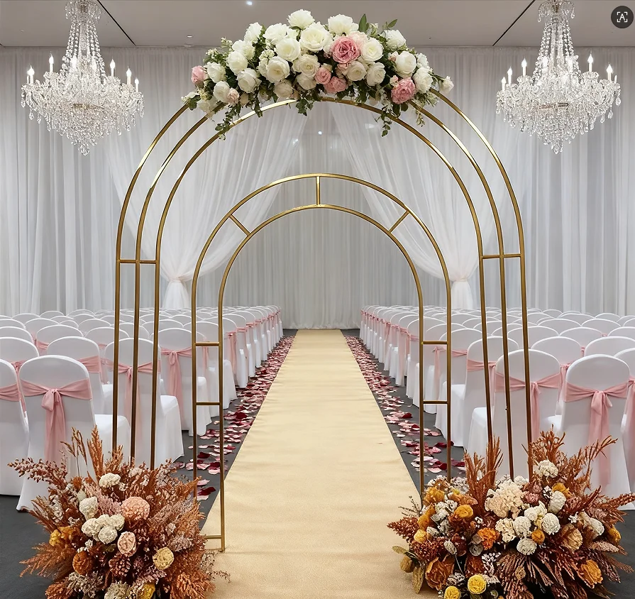 

Блестящая золотая железная свадебная арка, двойной стержень, уличная подставка для украшения цветов на день Святого Валентина, день рождения