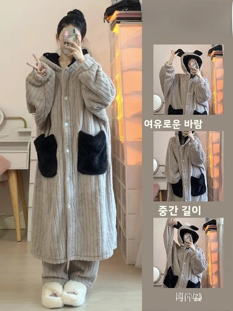 

Thiened Coral Fce Spwear Women's Winter New Sle Plu Home Clothes Robe Long Pants Set Can Be Worn outside Hat Pattern
