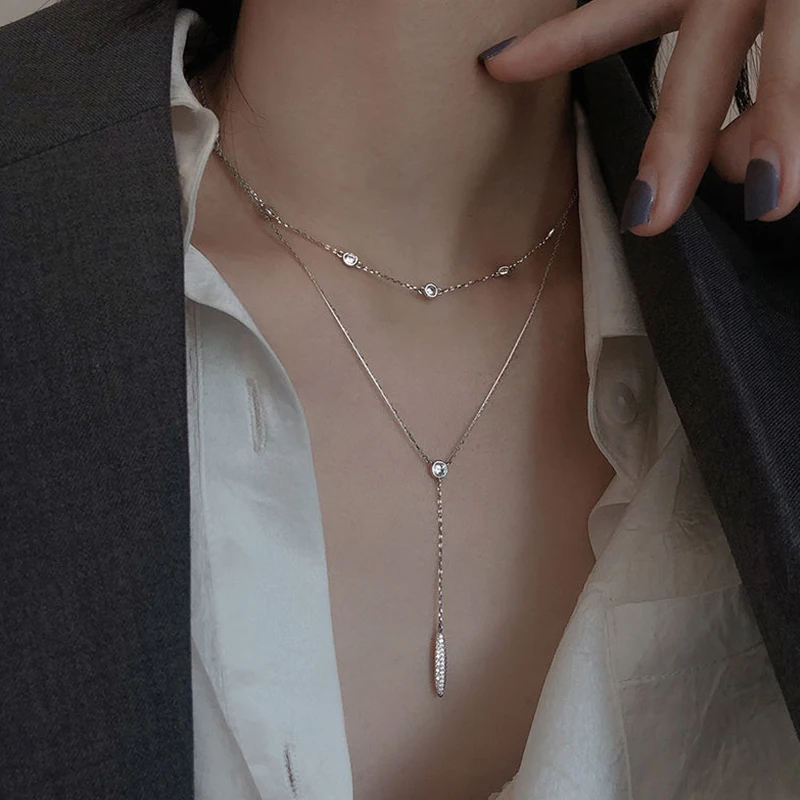 925 Sterling Silver Tassel Double-layer Zircon Necklace Women's Simple Temperament Collarbone Chain Necklace Wedding Jewelry