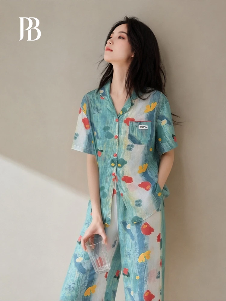 Ladies Summer Sleepwear Short Sleeve Long Pants Cool Feeling  Cotton Home Clothes Personality Trending Full Print Loose...