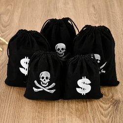 5pcs Halloween Pirate Skull Candy Gift Bags Gold Coin Drawstring Pouch Gift Candy Storage Bag Birthday Halloween Party Supplies