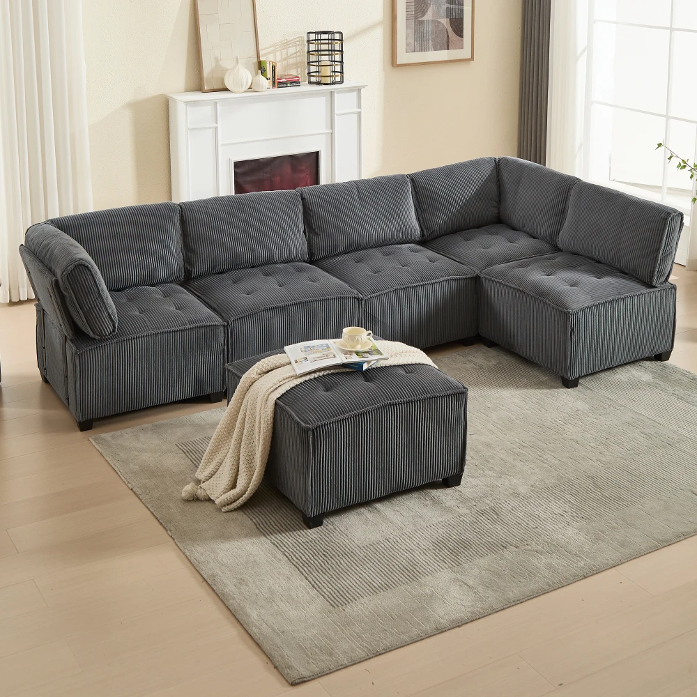 Sofa Modulares 6-Sitzer-Sofa, Kordelstoff, ergonomisch, Aufbewahrungstaschen, flexibel kombiniert als U-Form/L-Form/Sofabett – Detail 24