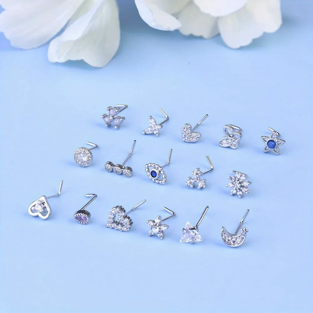 FINREZIO 1Pc Stainless Steel 20G Opal CZ Butterfly Nose Studs Hypoallergenic L-Shaped Nose Rings for Women Nose Piercing Jewelry